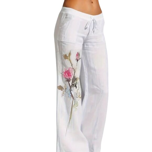 Women's Linen Blend White Floral Harem Palazzo Pant XL Boho Hippie Breathable - Picture 1 of 9